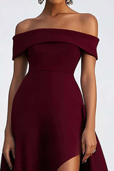 A Line Off The Shoulder Burgundy Wedding Guest Dress High-Low Formal Dress